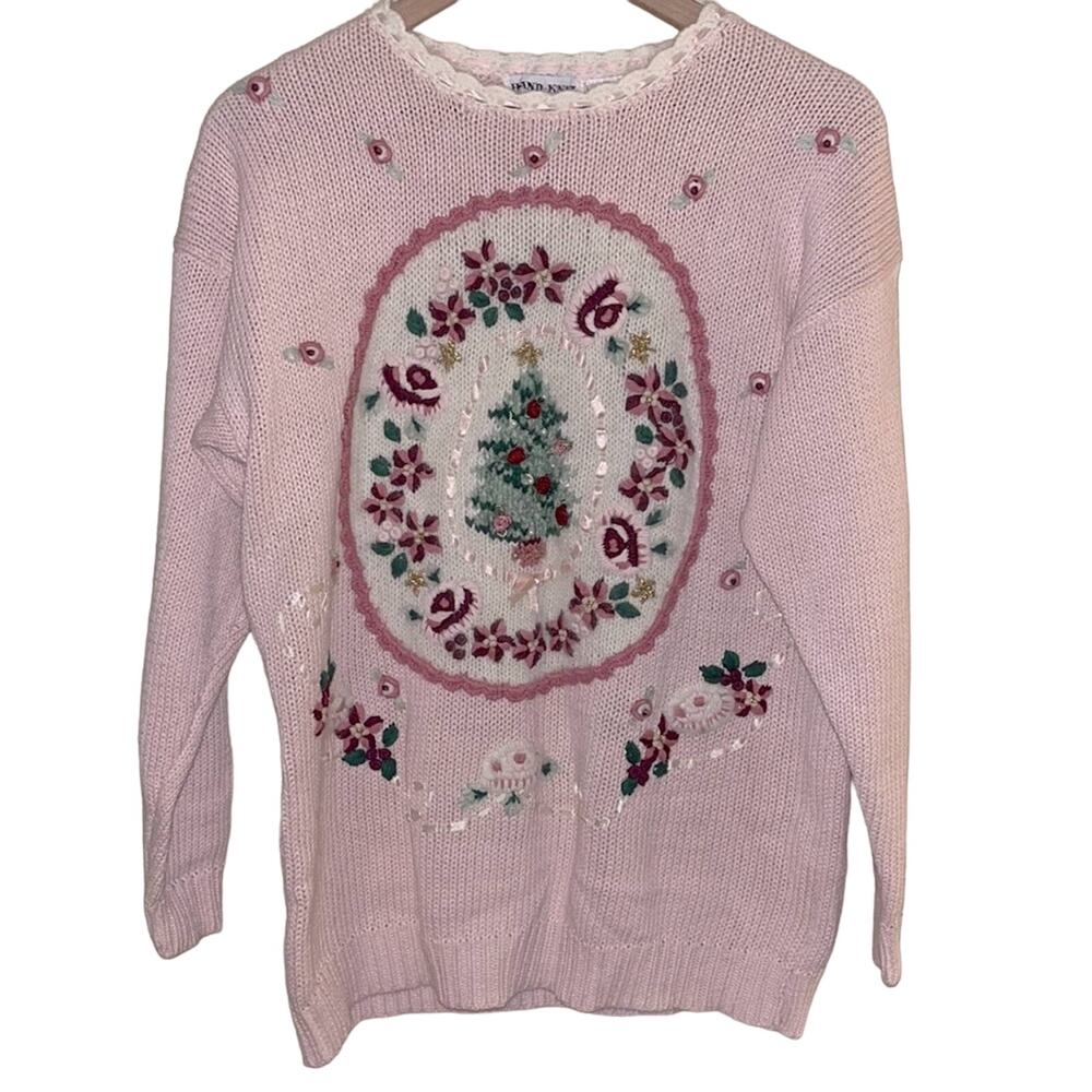Vtg Barbiecore Christmas Sweater Medium Pink Pastel Gold Embroidered Holidays